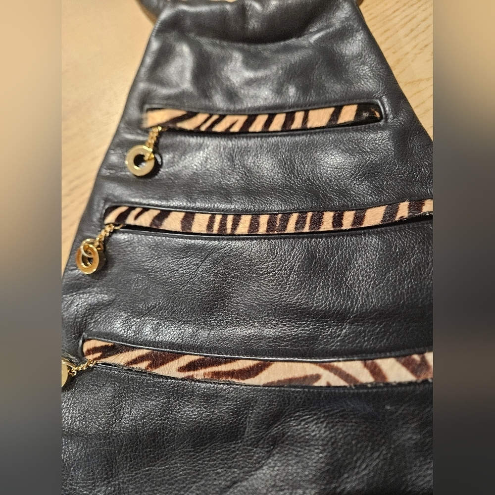 Vintage Black Leather Hobo Bag Haircalf Zebra Accent Multi Zip Shoulder Purse. - Picture 8 of 16